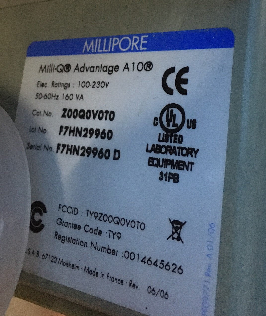 MILILIPORE MILLI-Q A10® TOC Z00Q0V0T0 MONITOR,ELEC. RATINGS: 100-230V 50/60HZ 16