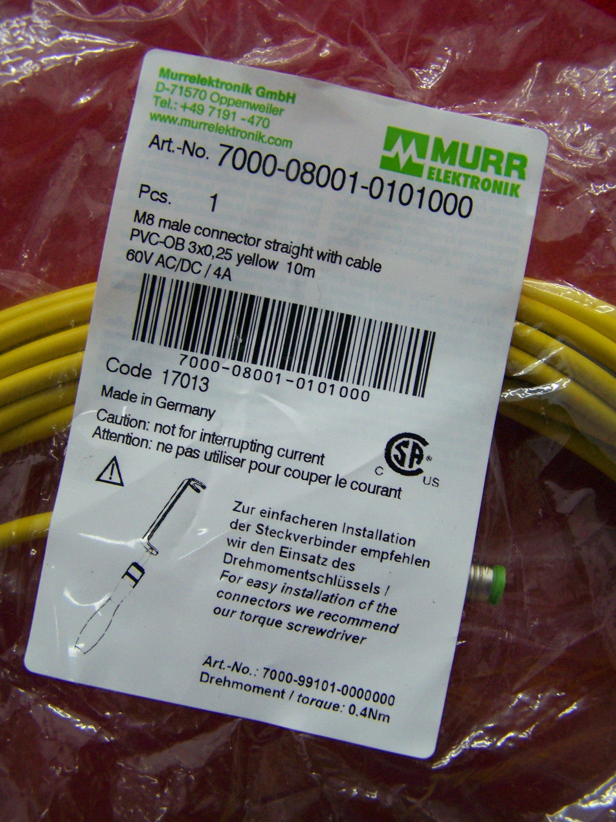 MURR ELEKTRONIK 7000-08001-0101000 M8 MALE CONNECTOR STRAIGHT WITH CABLE