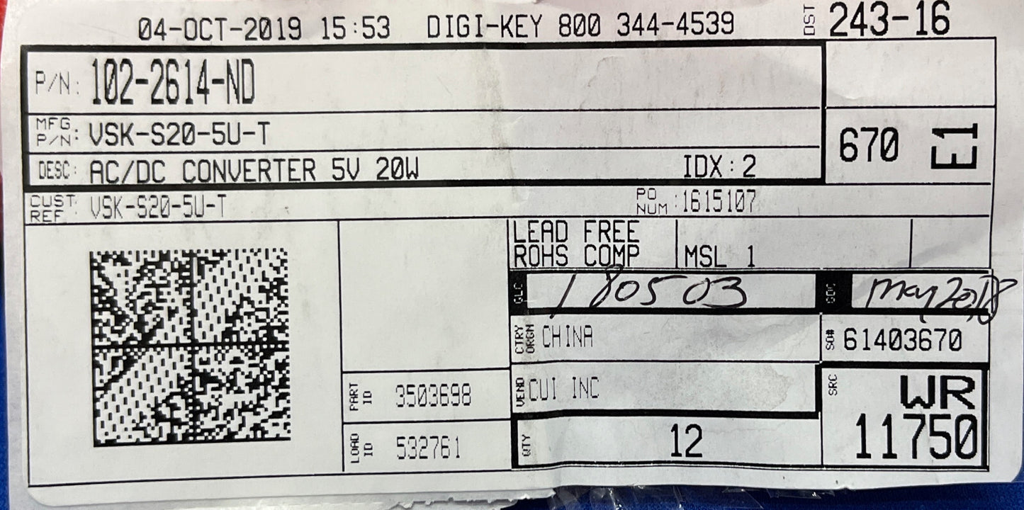 QTY 12 - CUI DIGI-KEY VSK-S20-5U-T 102-2614-ND BOARD MOUNT AC/DC CONVERTER