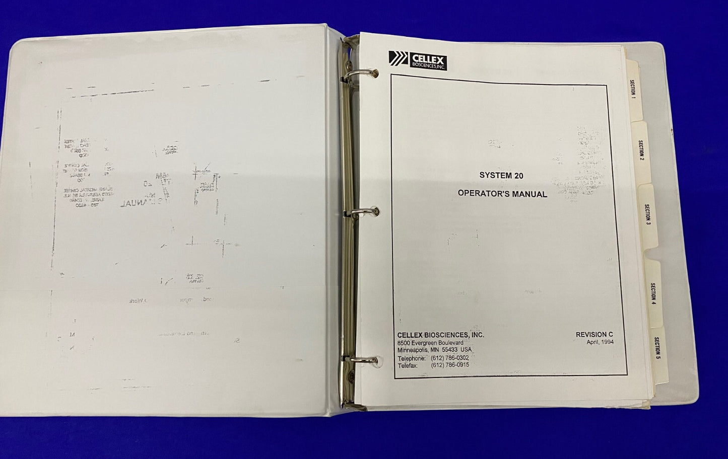 THE CELL CULTURE COMPANY CELLEX BIOSCIENCES SYSTEM 20 OPERATOR'S MANUAL REV C