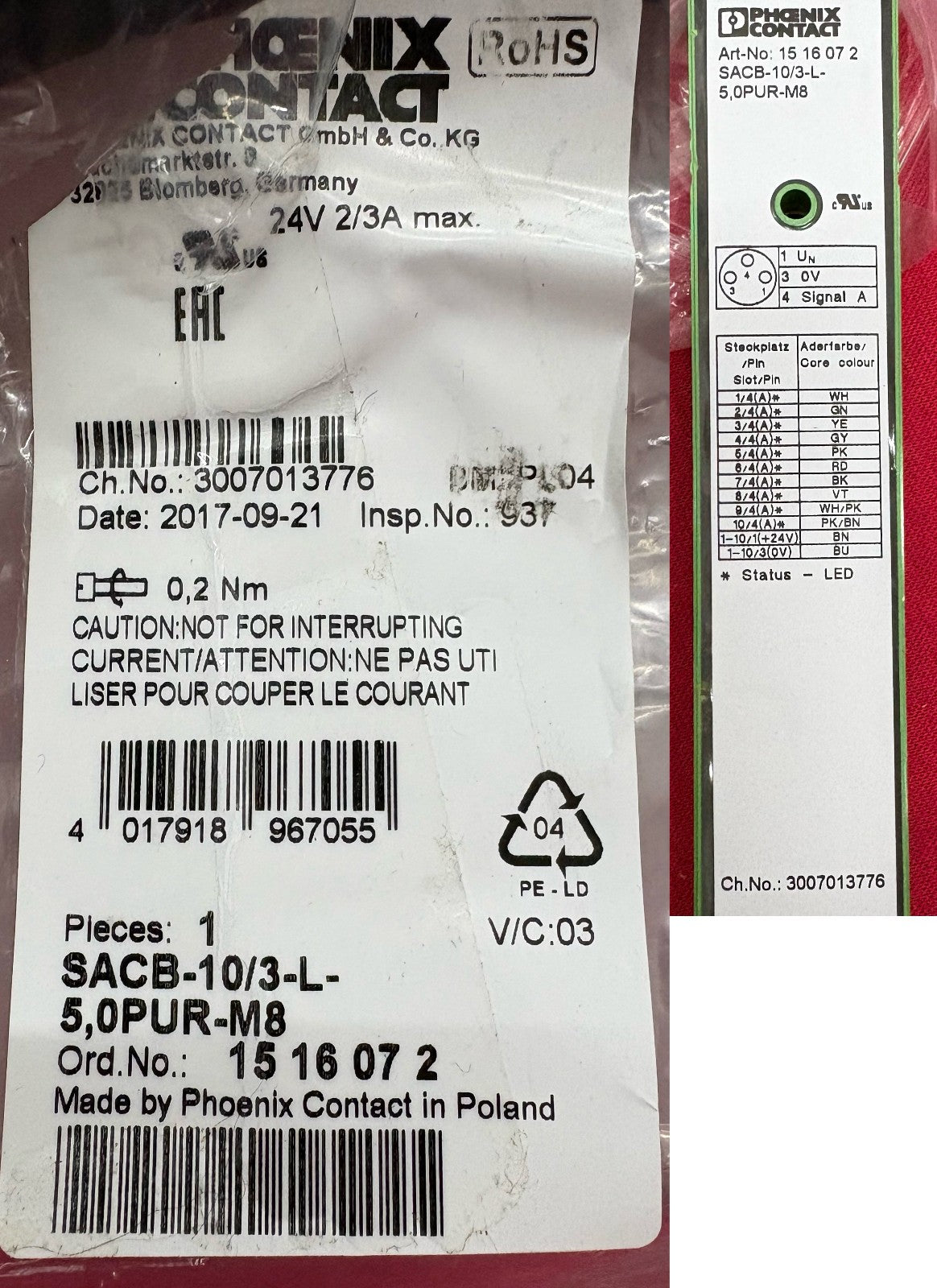 PHOENIX CONTACT ART-NO: 15 16 07 2 SACB-10/3-L-5,0PUR-M8 DISTRIBUTOR BLOCK