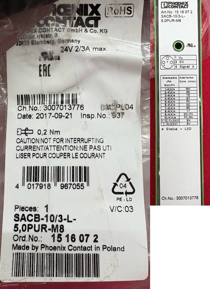 PHOENIX CONTACT ART-NO: 15 16 07 2 SACB-10/3-L-5,0PUR-M8 DISTRIBUTOR BLOCK