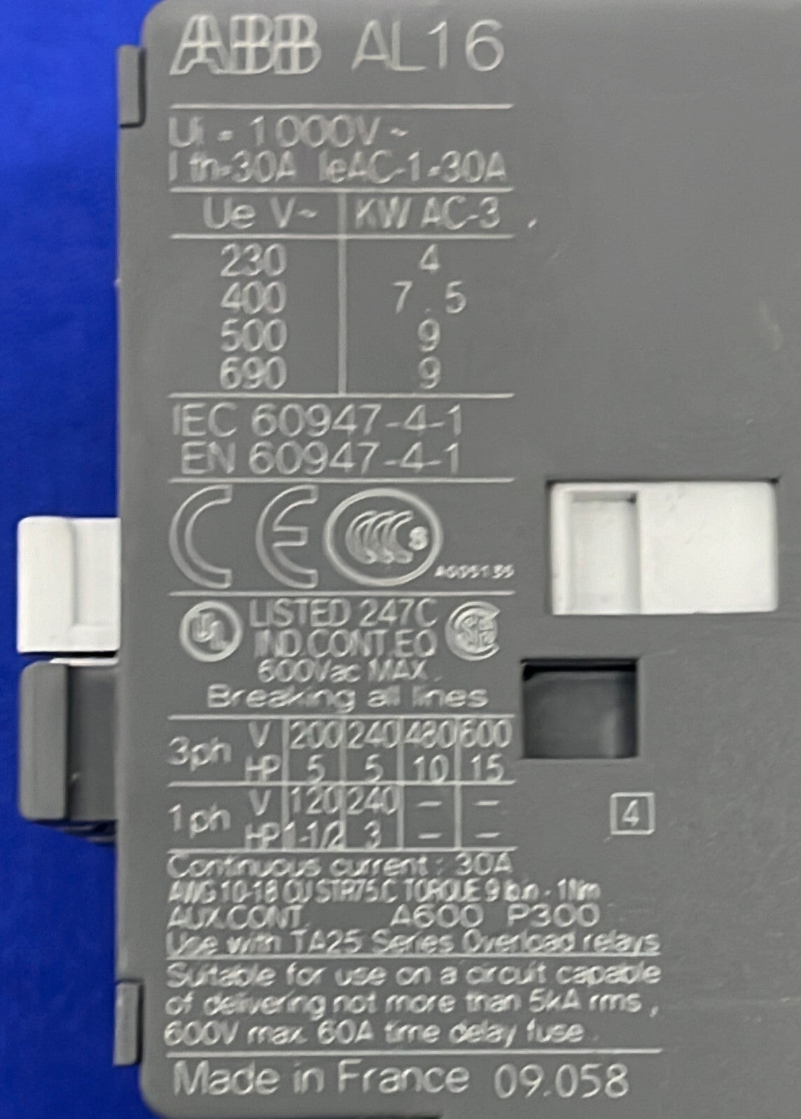 ABB AL16 AL16-30-10 & E16DU THERMAL OVERLOAD CONTROL RELAY
