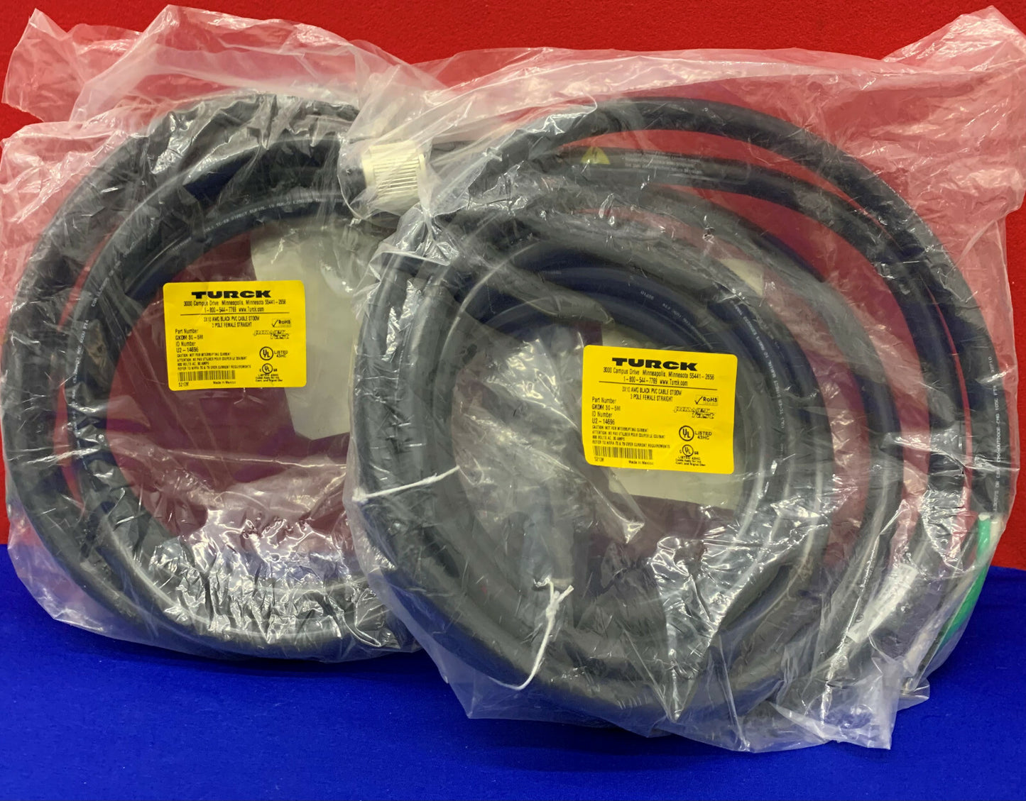 Lot of 2 Turck GKDM 30-5M 3X10 AWG Black PVC Cable ST00W 3 Pole Female Straight