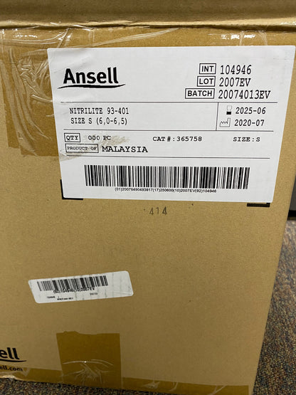 ANSELL STERLIING NITRILE -LITE GLOVES 365758 93-401 SIZE S 6,0-6,5 1 PKG OF 1000