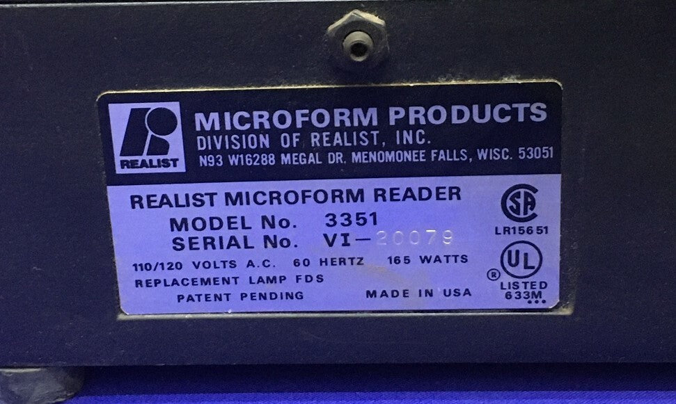 REALIST MICROFORM 3351 REALIST (Microfiche/Microfilm) LECTEUR POUR PIÈCES/RÉPARATION 