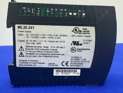 PULS MINILINE ML30 POWER SUPPLY ML30.241 AC/DC DIN RAIL SUPPLY 24V 30W