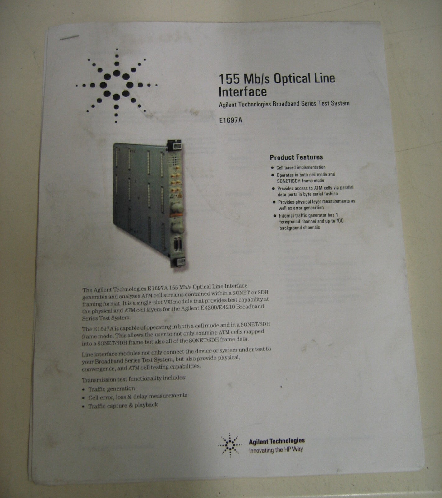 HP AGILENT E1616A 155 MB/S OPTICAL LINE INTERFACE HP75000 WITH MANUAL