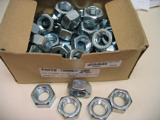 ADAM'S NUT & BOLT M10 METRIC BOX QTY 50 HEX NUT ZINC NIB Part# 100963-009