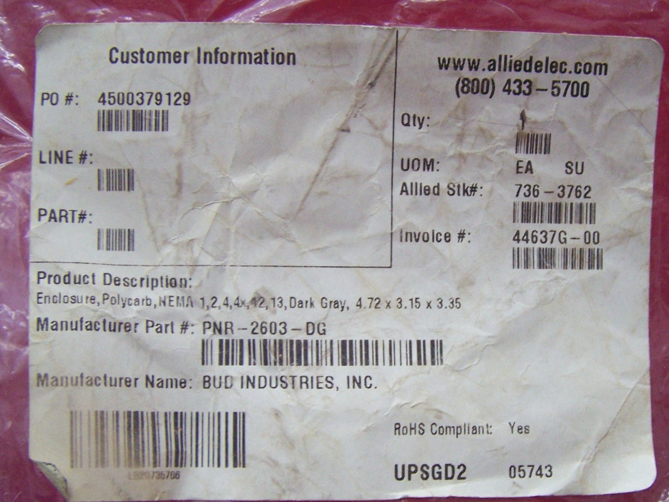 BUD INDUSTRIES PNR-2603-DG ENCLOSURE BOX & LID GRAY 4.72" X 3.15" X 3.35"