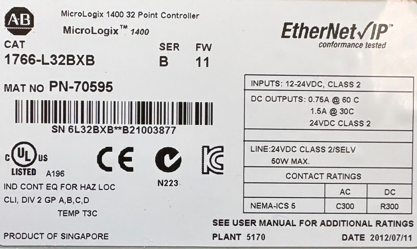 Allen Bradley AB 1766-L32BXB SER B MICROLOGIX 1400 32 PT CONTROLLER PN-70595
