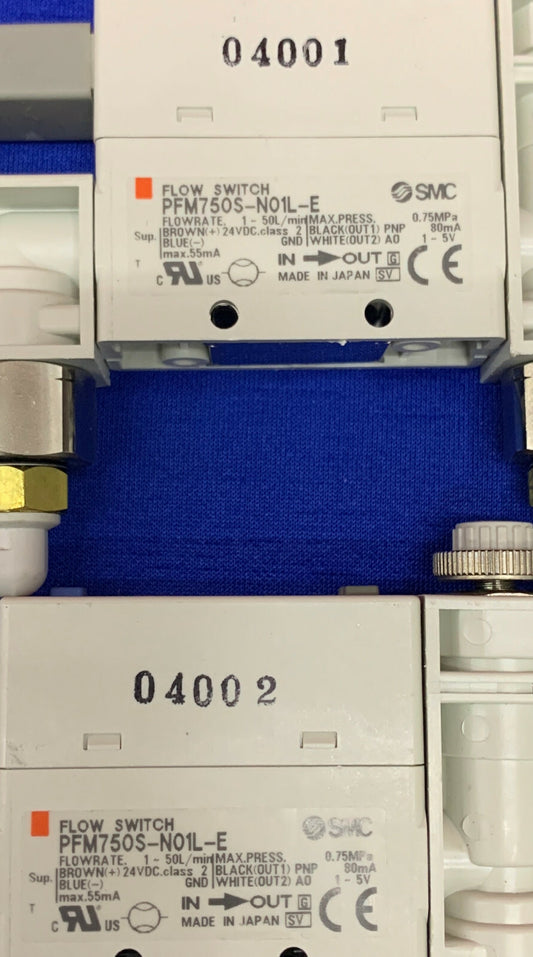 1 Lot Qty of 2 - SMC Digital Flow Switch PFM750S-N01L-E  FLOW RATE 1-50L