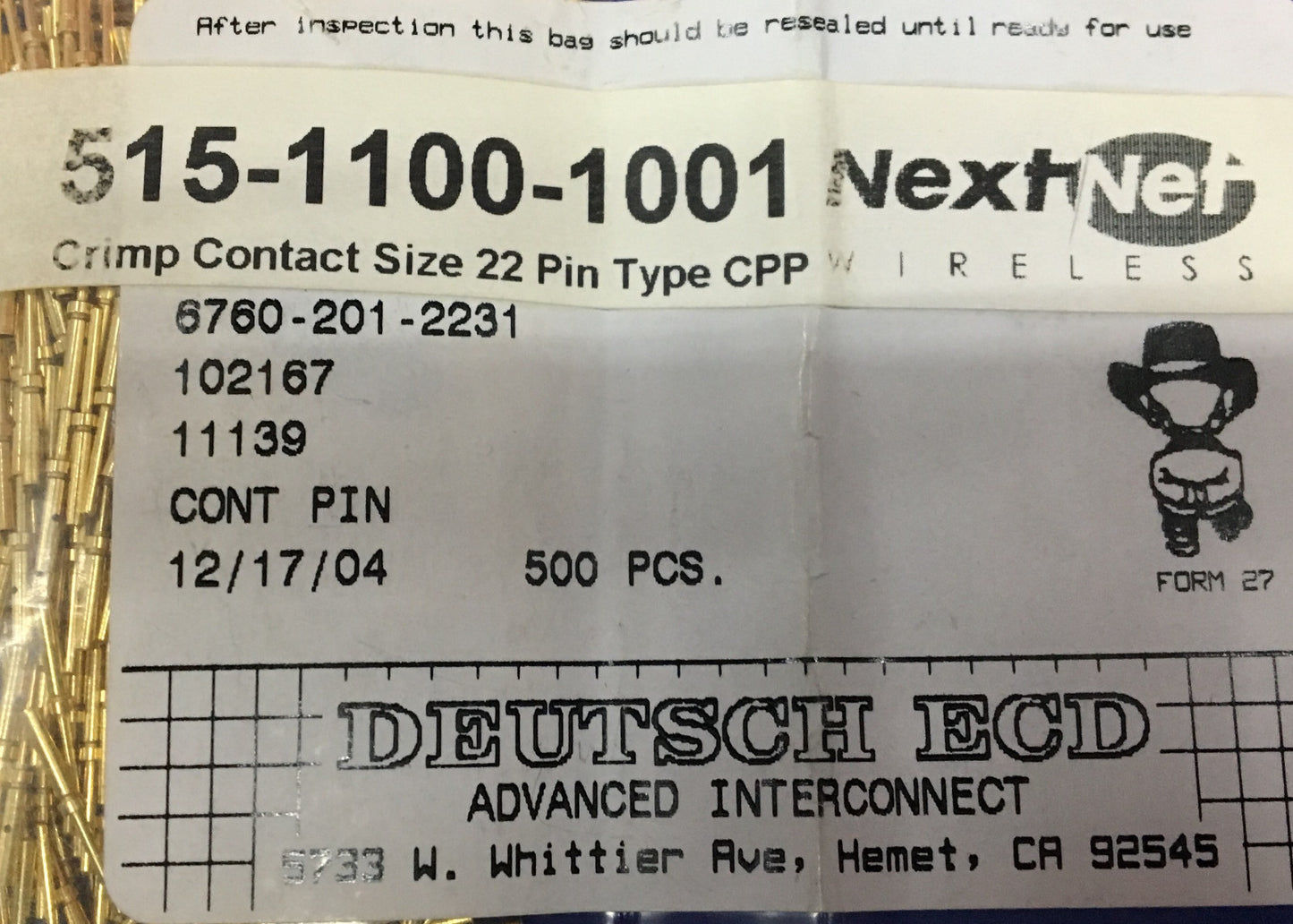DEUTSCH ECD 6760-201-2231 CONTACT À SERTIR PLAQUÉ OR BROCHE 22AWG 1 PAQUET DE 500