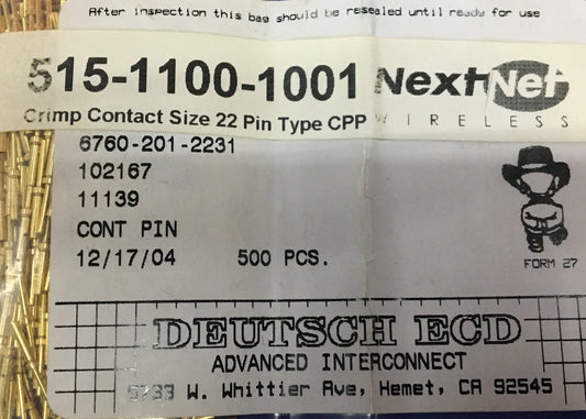 DEUTSCH ECD 6760-201-2231 Gold Plated CRIMP CONTACT 22AWG PIN 1 PACKAGE OF 500