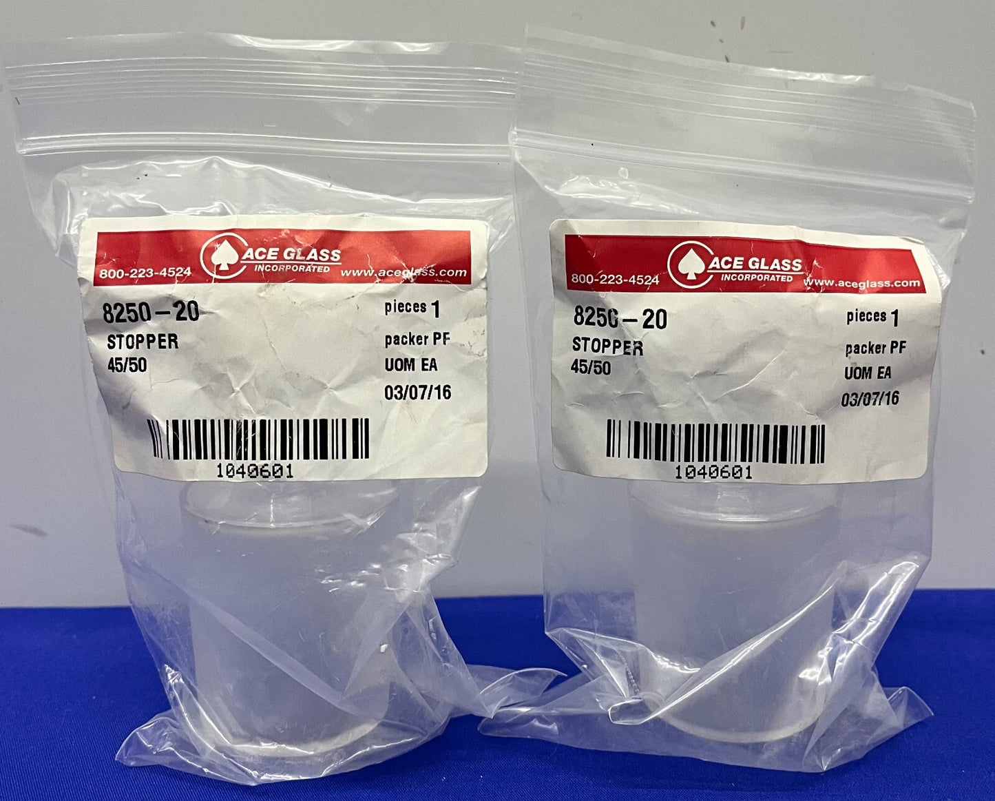 ACE GLASS 8250-20 Hohlglasstopfen über die gesamte Länge, 45/50-Verbindung – 1 Charge, Menge 2