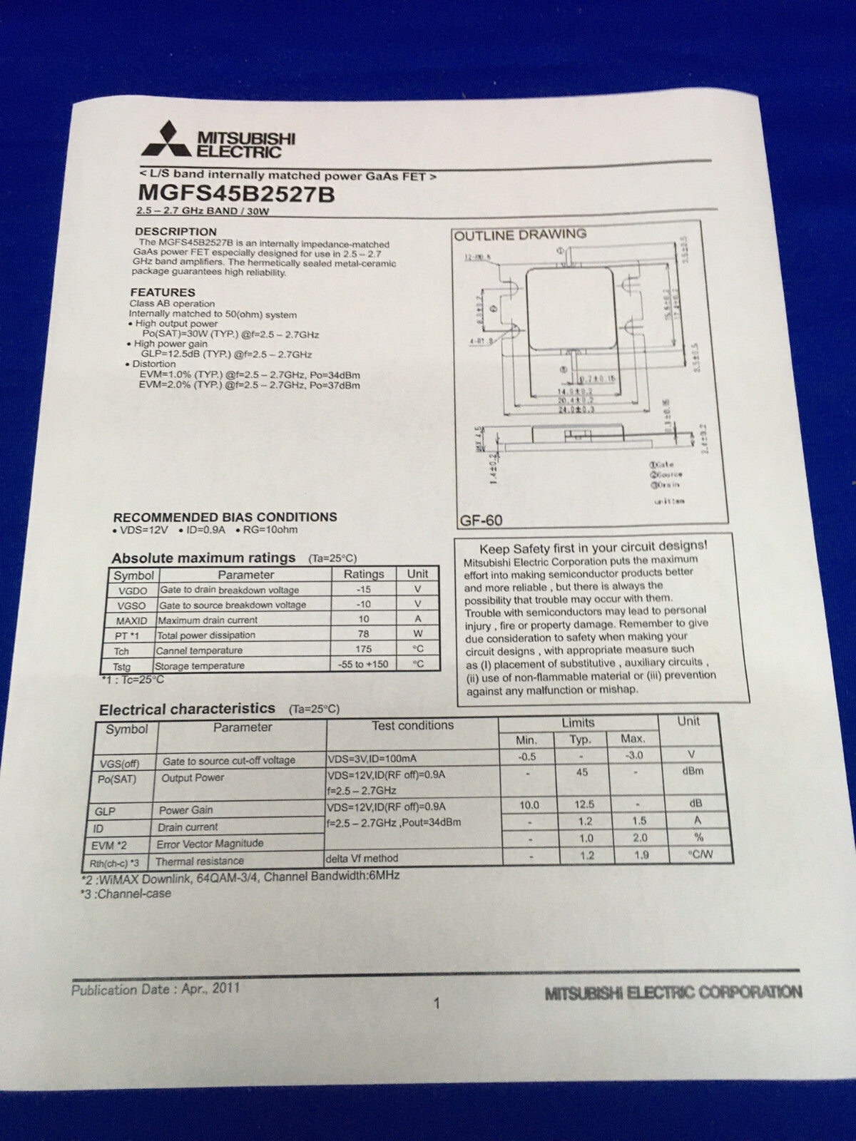 73 PZ - MITSUBISHI ELECTRIC MGFS45B2527B-01 GaAs FET 2,5-2,7 6 HZ