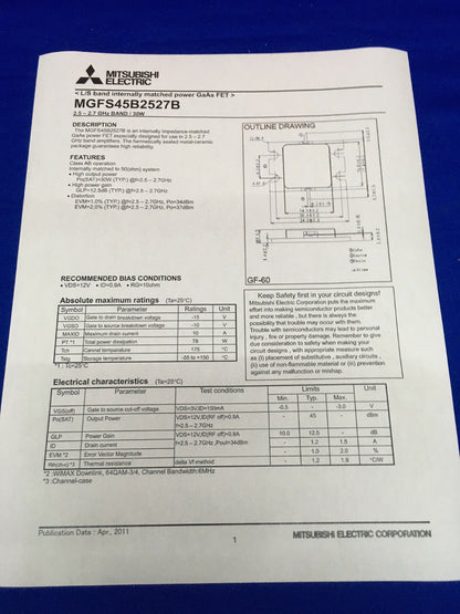 73 PZ - MITSUBISHI ELECTRIC MGFS45B2527B-01 GaAs FET 2,5-2,7 6 HZ