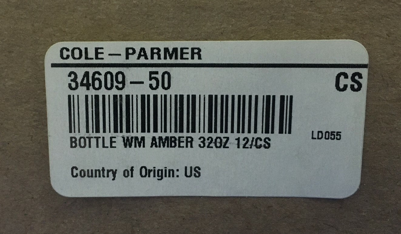BOX OF 12 - COLE-PARMER Packer Bottle: Glass 950 mL Capacity 32 fl oz Amber