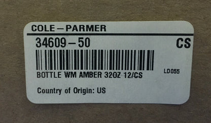 BOX OF 12 - COLE-PARMER Packer Bottle: Glass 950 mL Capacity 32 fl oz Amber