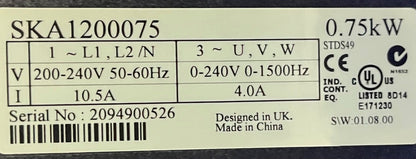 EMERSON CONTROL TECHNIQUES SKA1200075 VECTOR CONTROL DRIVE 240VAC - PARTS/REPAIR