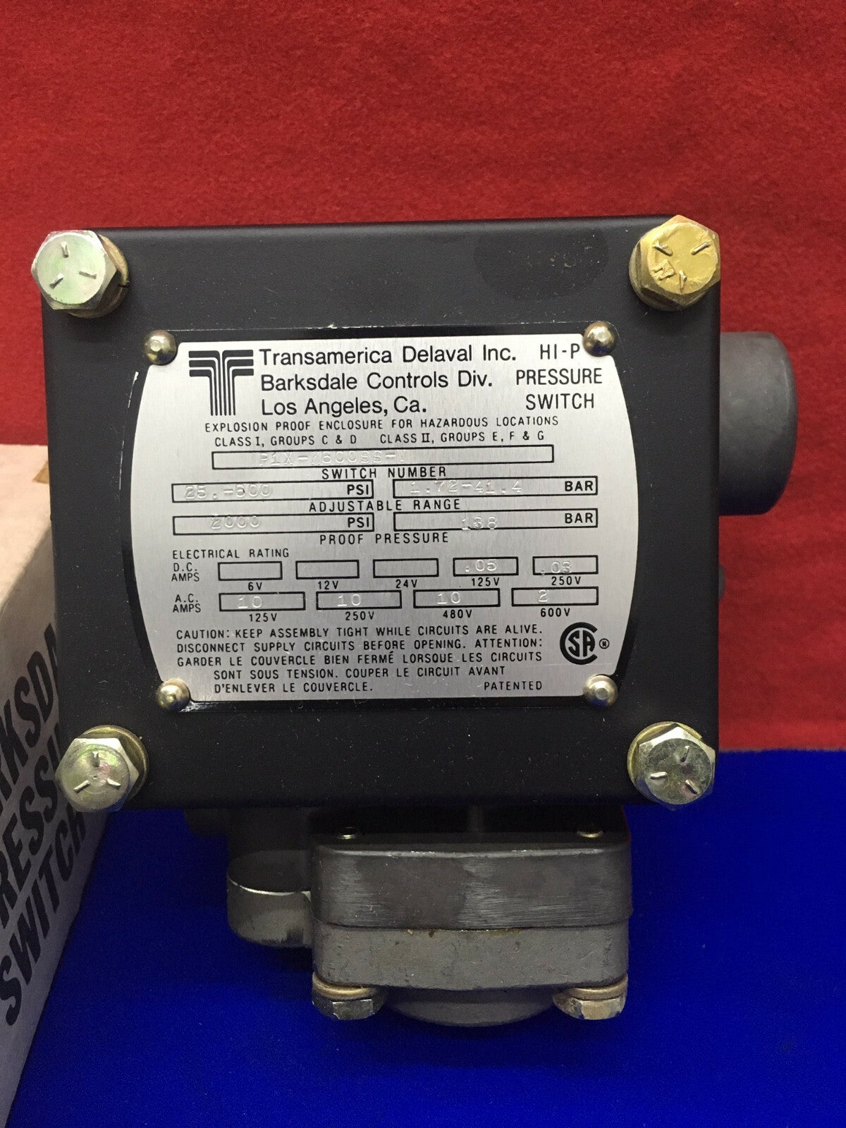 TRANSAMERICA DELAVAL BARKSDALE CONTROLS P1X-K600SS-V PRESSURE SWITCH