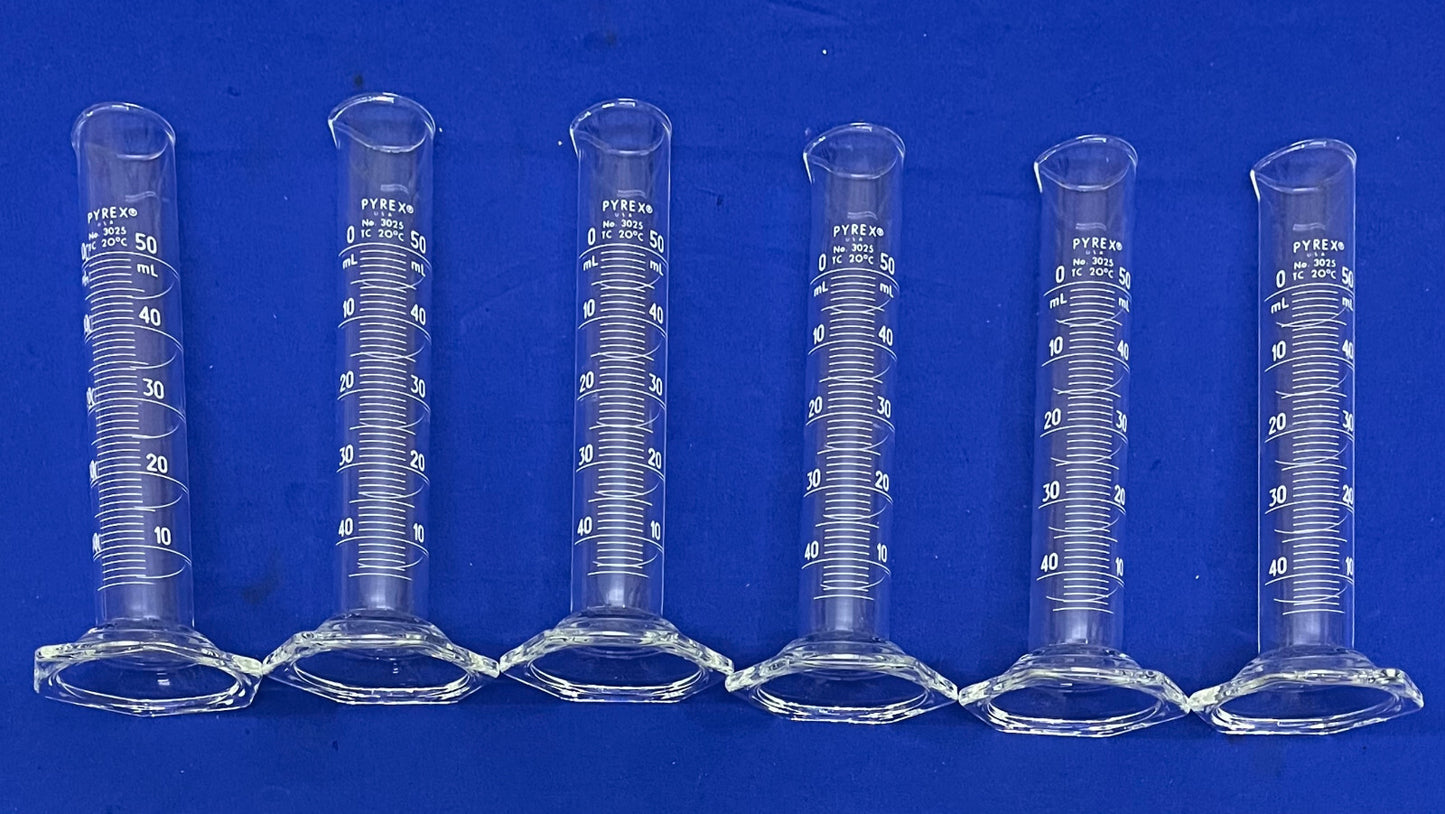 PYREX ®  CORNING GLASS 3025-50 DOUBLE METRIC SCALE CYLINDER 50mL - 1 LOT QTY 6