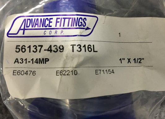 ADVANCE 56137-439 T316L A31-14MP HYGIENIC CLAMP JOINT CONCENTRIC REDUCER 1"X1/2"