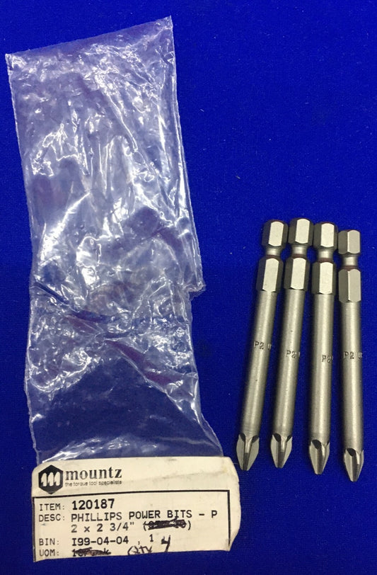 SOLD AS LOT OF 4 BITS - MOUNTZ / PHILLIPS 120187 POWER BIT P2 X 2-3/4"
