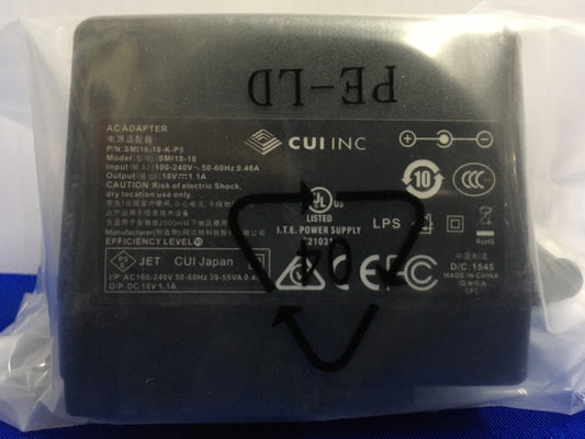 CUI, INC./ DIGI-KEY,102-3675-ND / SMI18-18-K-P5,AC/DC WALL MOUNT ADAPTER 18V 18W