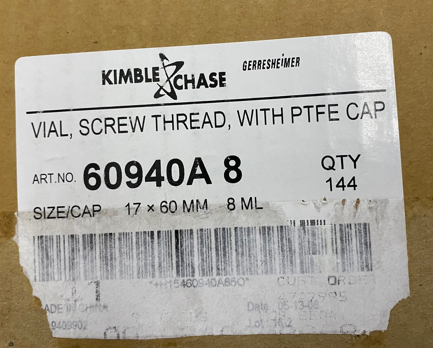 KIMBLE CHASE 60940A 8 / 60940A-8 VIAL SCREW THREAD W/ PTFE CAP - 2 PKGS OF 144EA