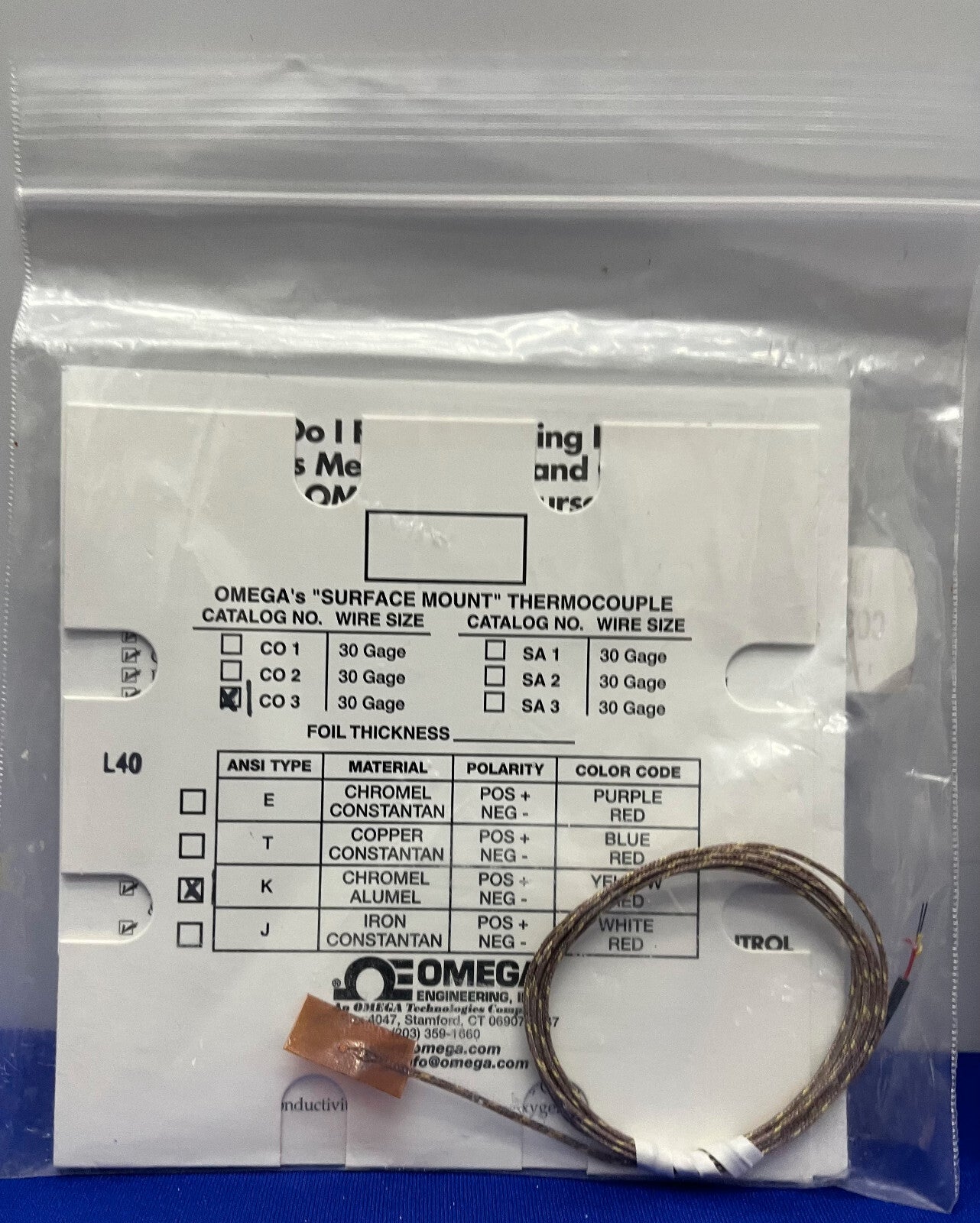 OMEGA CO3-K "CEMENT-ON" THERMOCOUPLES "SURFACE MOUNT" 30 GAGE - 1 LOT OF 2