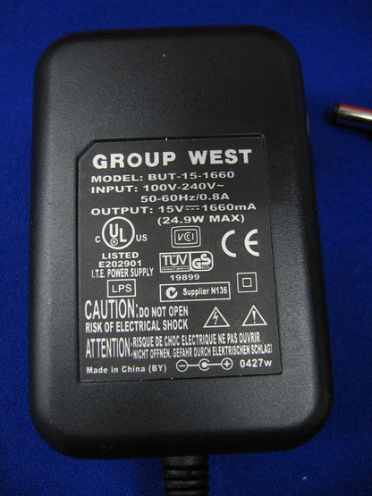 GROUP WEST 15 Volt DC 1660 mA 1.6A BUT-15-1660 AC POWER SUPPLY BUT 420-0050-1000