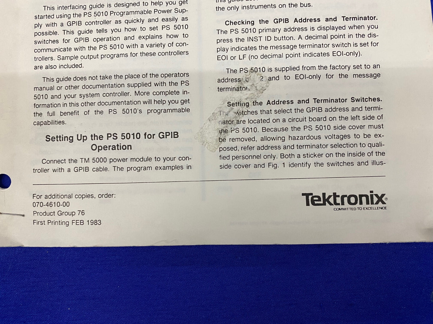 TEKTRONIX ® PS 5010 / 070-4610-00 PRODUCT GROUP 76, 1983, INTERFACING GUIDE