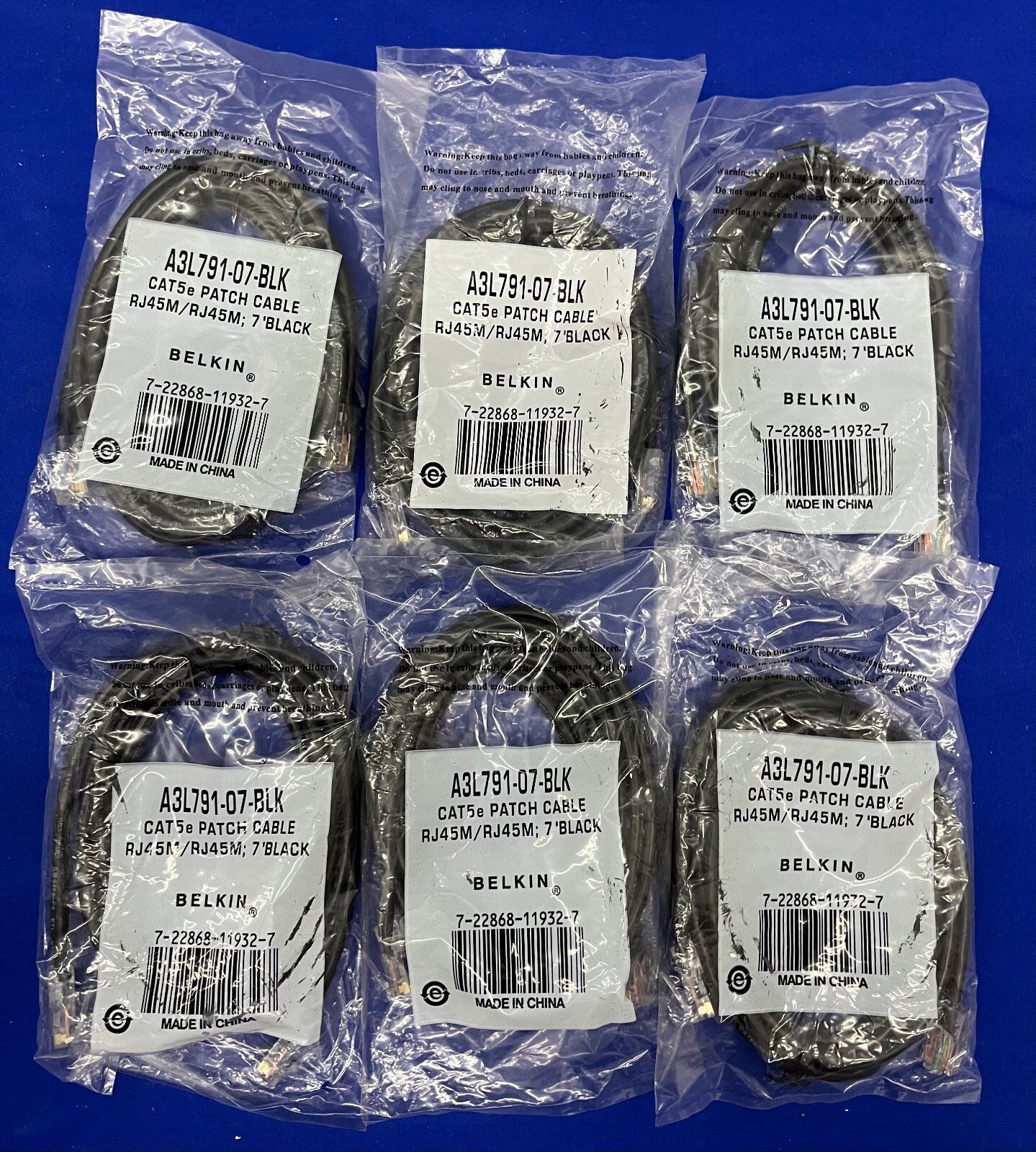 BELKIN®  CAT5e PATCH CABLE RJ45M/RJ45M 7’ BLACK A3L791-07-BLK - 1 LOT QTY 6