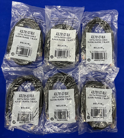 BELKIN®  CAT5e PATCH CABLE RJ45M/RJ45M 7’ BLACK A3L791-07-BLK - 1 LOT QTY 6