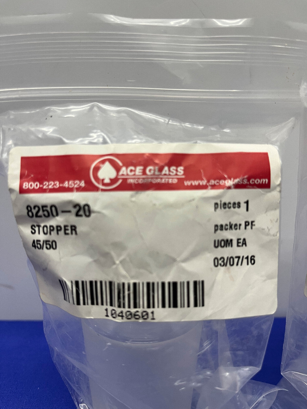 ACE GLASS 8250-20 Hohlglasstopfen über die gesamte Länge, 45/50-Verbindung – 1 Charge, Menge 2