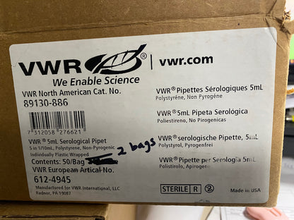 VWR 89130-886 PIPETTE SÉROLOGIQUE 5 mL - 1 BOÎTE/QTÉ 2 SACHETS/50 PIPETTES CHACUN