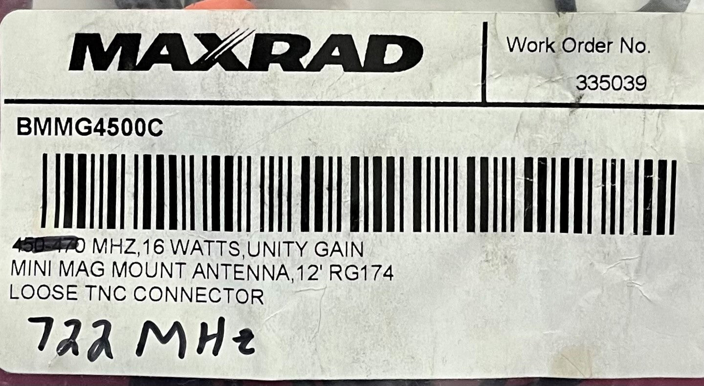 Antena mini con montaje magnético y ganancia unitaria MAXRAD BMMG4500C / BMMG4500C:XD MHZ, 16 vatios