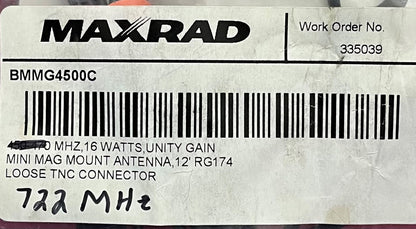 Antena mini con montaje magnético y ganancia unitaria MAXRAD BMMG4500C / BMMG4500C:XD MHZ, 16 vatios
