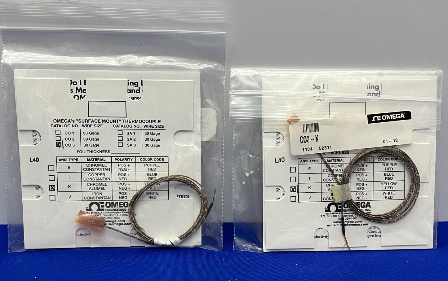 OMEGA CO3-K "CEMENT-ON" THERMOCOUPLES "SURFACE MOUNT" 30 GAGE - 1 LOT OF 2