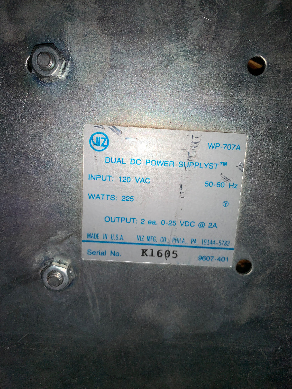 VIZ WP 707A /WP-707A SN K1605 DUAL DC POWER SUPPLY,INPUT 120 VAC 50-60HZ 225WATT