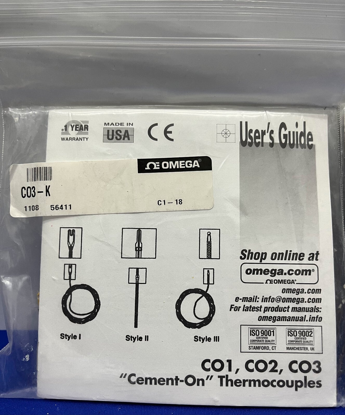 OMEGA CO3-K "CEMENT-ON" THERMOCOUPLES "SURFACE MOUNT" 30 GAGE - 1 LOT OF 2