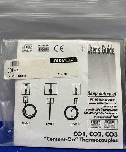 OMEGA CO3-K "CEMENT-ON" THERMOCOUPLES "SURFACE MOUNT" 30 GAGE - 1 LOT OF 2