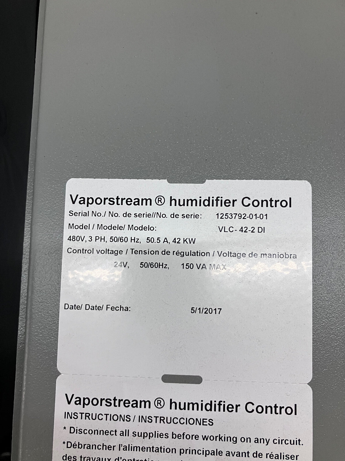 DRISTEEM™ VAPORSTREEM® 加湿器 VLC-42-2 DI 480V、3PH、50/60HZ、50.5A、42K