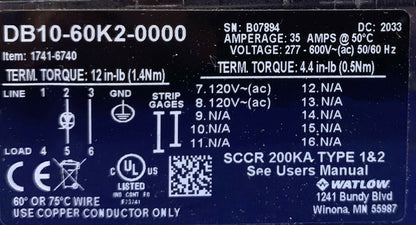 Watlow DIN-A-Mite Power Switching Device DB10-60K2-0000 Control Input/Output