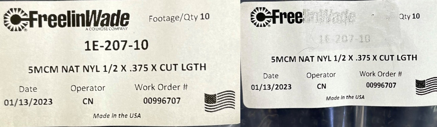FREELINWADE TUBING NYLON 1/2" X .375" NATURAL 1E-207-10 - 4 PKGS / 10' EA