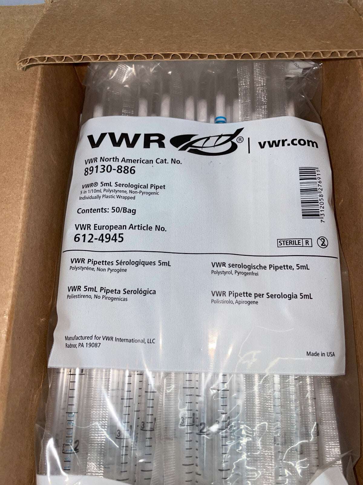 VWR 89130-886 PIPETTE SÉROLOGIQUE 5 mL - 1 BOÎTE/QTÉ 2 SACHETS/50 PIPETTES CHACUN