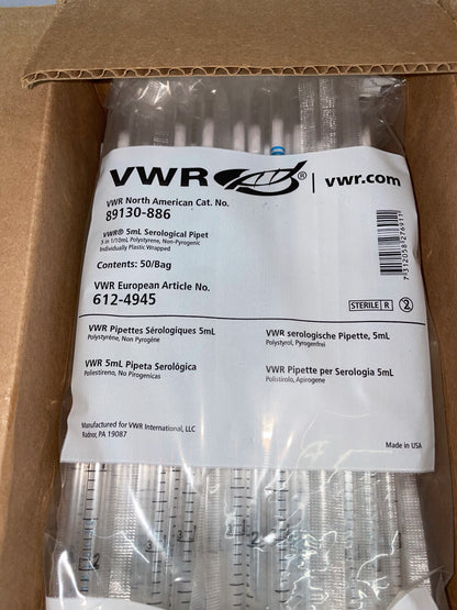 VWR 89130-886 PIPETTE SÉROLOGIQUE 5 mL - 1 BOÎTE/QTÉ 2 SACHETS/50 PIPETTES CHACUN