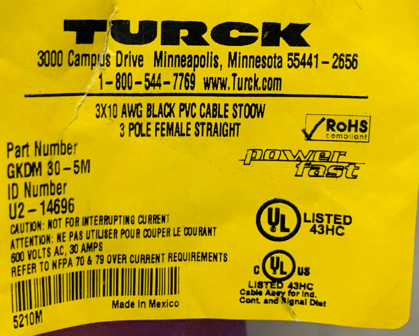 Lot of 2 Turck GKDM 30-5M 3X10 AWG Black PVC Cable ST00W 3 Pole Female Straight