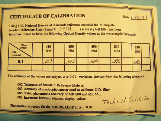 DYNEX TECHNOLOGIES, INC. MODEL: C-1.  CALIBRATION TEST PLATE.
